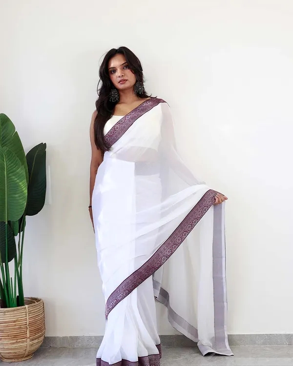 White_Colour_1-Minute_Ready_To_Wear_Georgette_Saree_With_Blouse_Piece