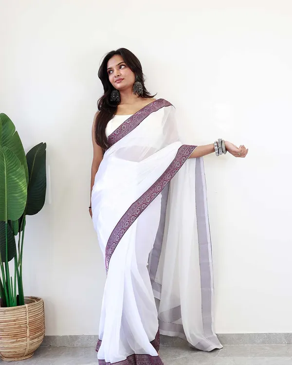 White_Colour_1-Minute_Ready_To_Wear_Georgette_Saree_With_Blouse_Piece