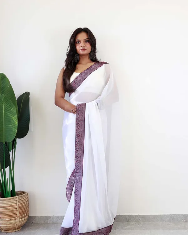 White_Colour_1-Minute_Ready_To_Wear_Georgette_Saree_With_Blouse_Piece