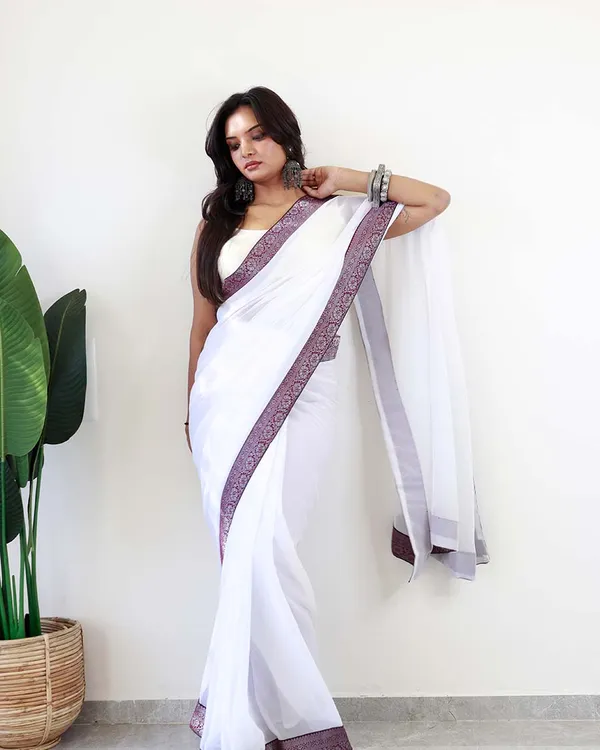 White_Colour_1-Minute_Ready_To_Wear_Georgette_Saree_With_Blouse_Piece
