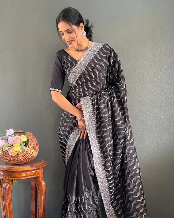 Black_Color_1_-_Minute_Ready_to_Wear_Chinnon_Silk_Saree_with_Unstitch_Blouse_Piece