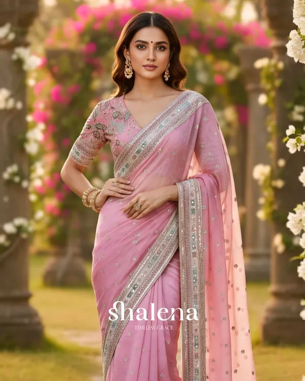 Invaluable_Pink_Organza_Silk_Sequence_Work_Saree_With_Glittering_Blouse_Piece