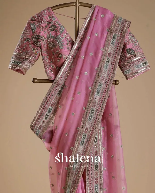 Invaluable_Pink_Organza_Silk_Sequence_Work_Saree_With_Glittering_Blouse_Piece