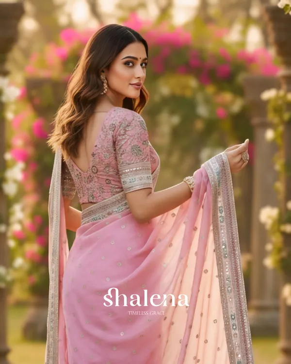 Invaluable_Pink_Organza_Silk_Sequence_Work_Saree_With_Glittering_Blouse_Piece