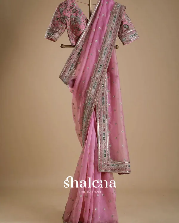 Invaluable_Pink_Organza_Silk_Sequence_Work_Saree_With_Glittering_Blouse_Piece