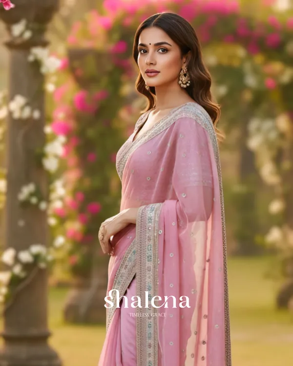 Invaluable_Pink_Organza_Silk_Sequence_Work_Saree_With_Glittering_Blouse_Piece