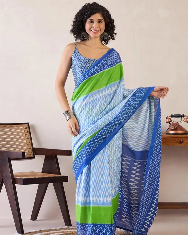 Blue_Color_Mulmul_Cotton_1_-_Minute_Ready_to_Wear_Saree_with_Pocket_and_Blouse_Piece