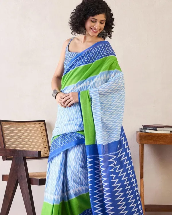 Blue_Color_Mulmul_Cotton_1_-_Minute_Ready_to_Wear_Saree_with_Pocket_and_Blouse_Piece