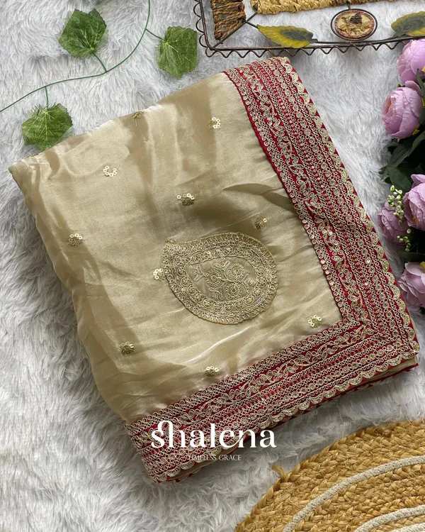 Beige_color_soft_jimichu_fabric_Embroidery_Sequence_and_Coding_Lace_work_with__beautiful_golden_jari�butta_design