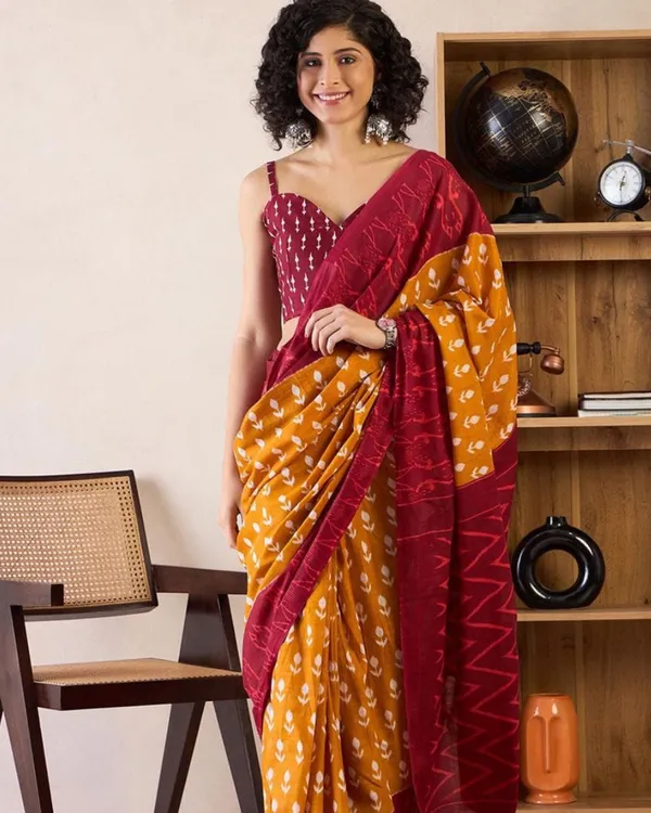 Yellow_And_Red_Color_Mulmul_Cotton_1_-_Minute_Ready_to_Wear_Saree_with_Pocket_and_Blouse_Piece