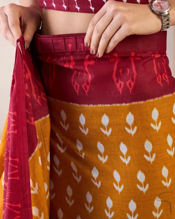 Yellow_And_Red_Color_Mulmul_Cotton_1_-_Minute_Ready_to_Wear_Saree_with_Pocket_and_Blouse_Piece