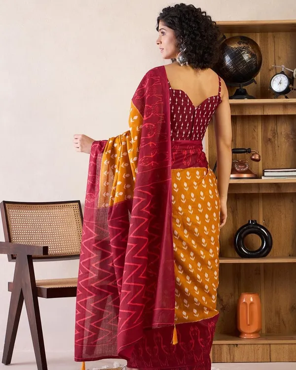 Yellow_And_Red_Color_Mulmul_Cotton_1_-_Minute_Ready_to_Wear_Saree_with_Pocket_and_Blouse_Piece