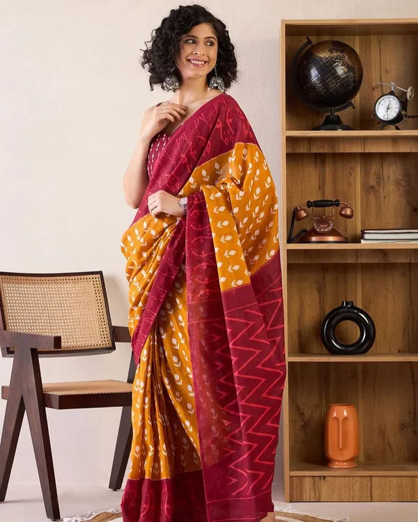 Yellow_And_Red_Color_Mulmul_Cotton_1_-_Minute_Ready_to_Wear_Saree_with_Pocket_and_Blouse_Piece