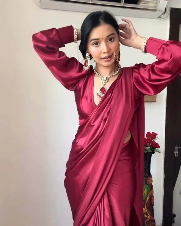 Marron_Color_1-Minute_Ready_To_Wear_Satin_Saree_With_Blouse_Piece