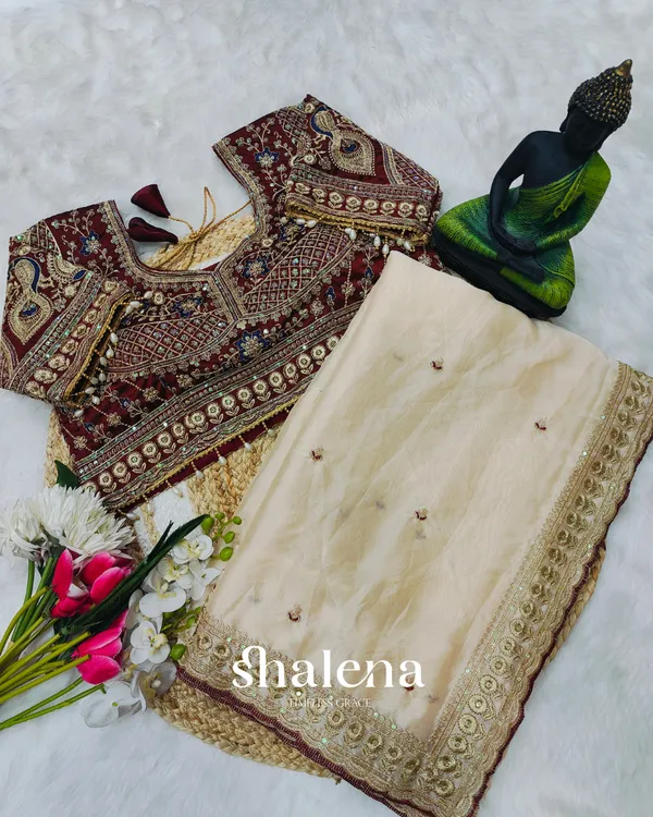 Prominent_Beige_Rangoli_Silk_Sequence_Embroidery_Work_Saree_With_Stitched_Blouse