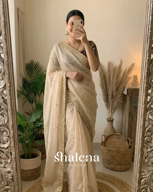 Prominent_Beige_Rangoli_Silk_Sequence_Embroidery_Work_Saree_With_Stitched_Blouse