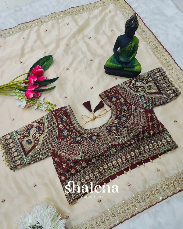 Prominent_Beige_Rangoli_Silk_Sequence_Embroidery_Work_Saree_With_Stitched_Blouse
