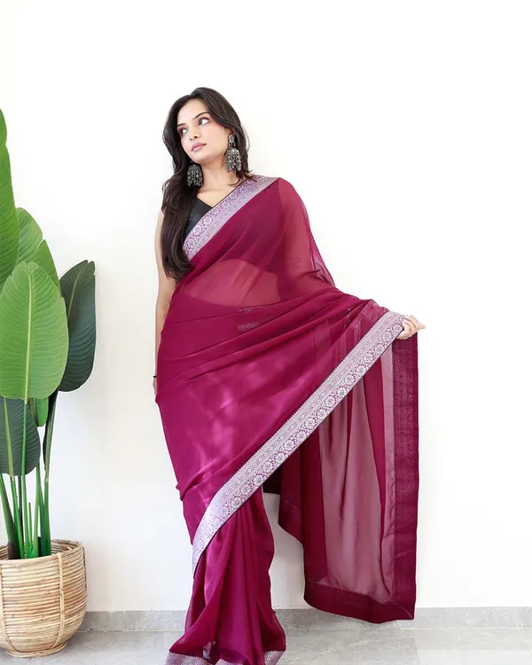 Wine_Colour_1-Minute_Ready_To_Wear_Georgette_Saree_With_Blouse_Piece