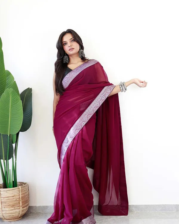 Wine_Colour_1-Minute_Ready_To_Wear_Georgette_Saree_With_Blouse_Piece