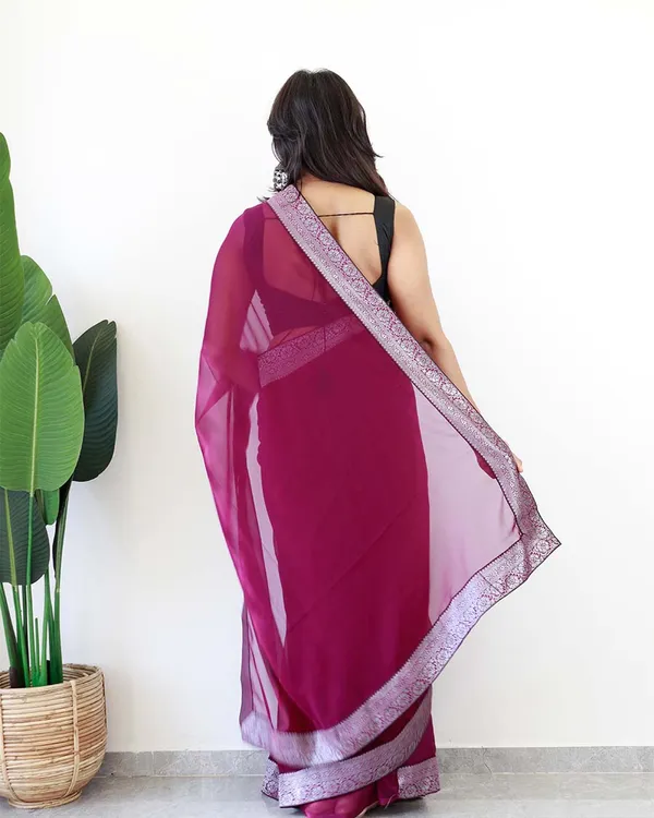 Wine_Colour_1-Minute_Ready_To_Wear_Georgette_Saree_With_Blouse_Piece