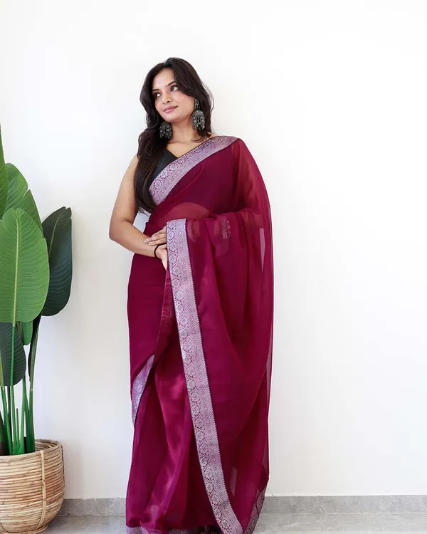 Wine_Colour_1-Minute_Ready_To_Wear_Georgette_Saree_With_Blouse_Piece