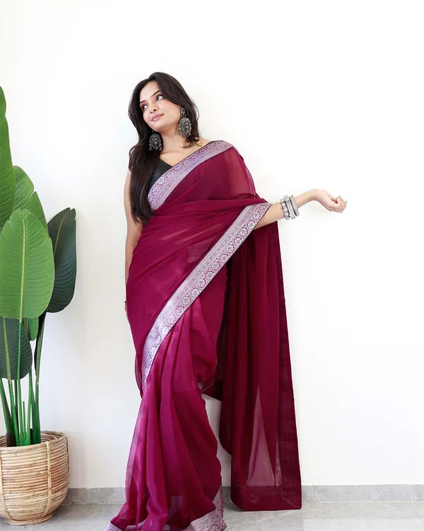Wine_Colour_1-Minute_Ready_To_Wear_Georgette_Saree_With_Blouse_Piece