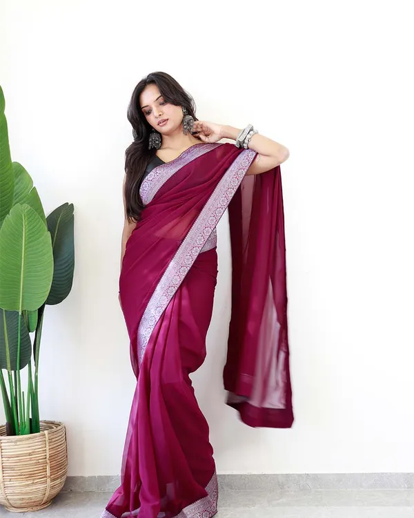 Wine_Colour_1-Minute_Ready_To_Wear_Georgette_Saree_With_Blouse_Piece