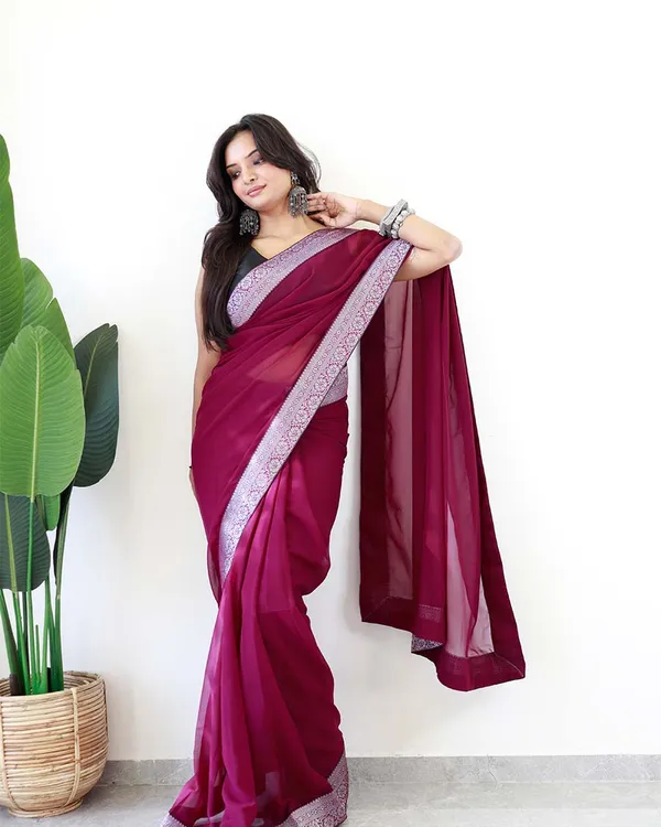Wine_Colour_1-Minute_Ready_To_Wear_Georgette_Saree_With_Blouse_Piece