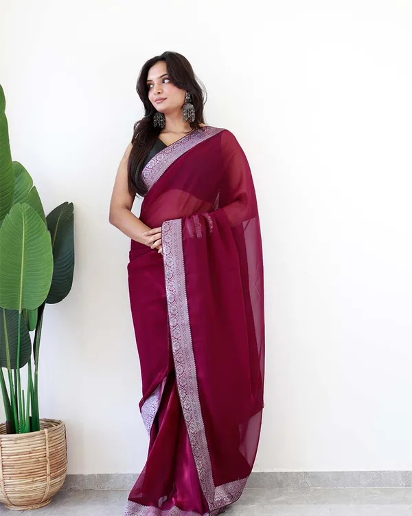 Wine_Colour_1-Minute_Ready_To_Wear_Georgette_Saree_With_Blouse_Piece