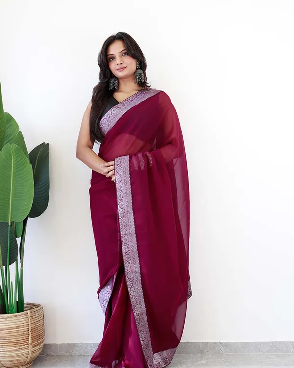 Wine_Colour_1-Minute_Ready_To_Wear_Georgette_Saree_With_Blouse_Piece