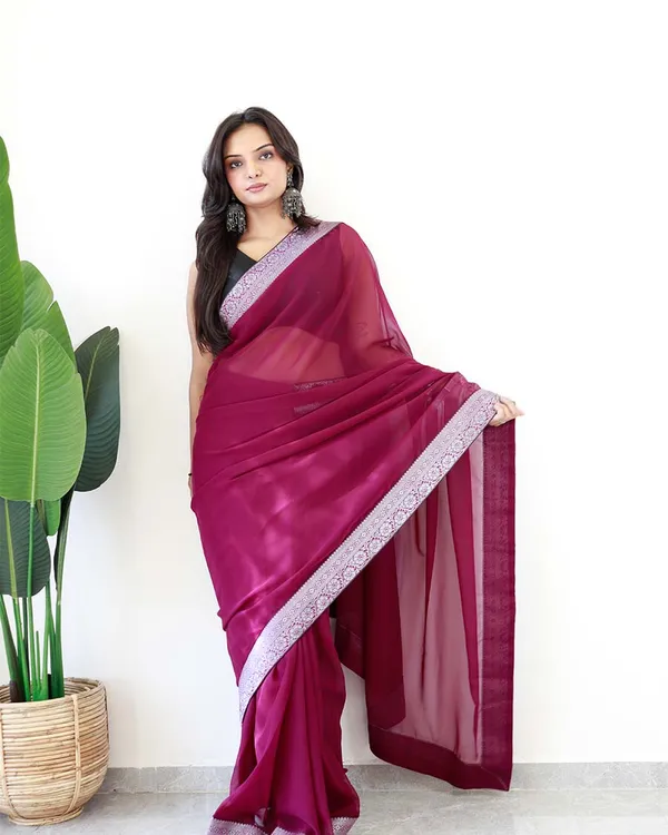 Wine_Colour_1-Minute_Ready_To_Wear_Georgette_Saree_With_Blouse_Piece