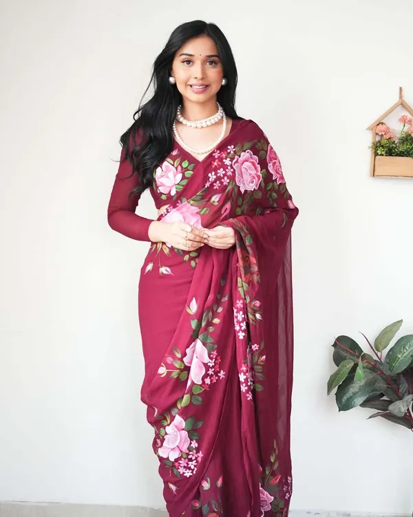 Marron_Color_1-Minute_Ready_To_Wear_Georgette_Saree_With_Blouse_Piece
