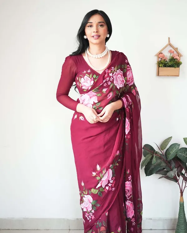 Marron_Color_1-Minute_Ready_To_Wear_Georgette_Saree_With_Blouse_Piece