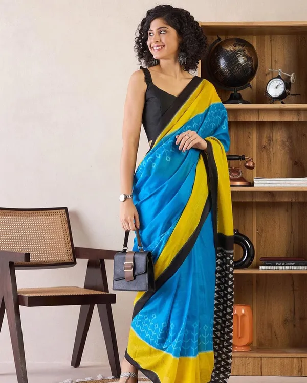 Blue_And_Yellow_Color_Mulmul_Cotton_1_-_Minute_Ready_to_Wear_Saree_with_Pocket_and_Blouse_Piece