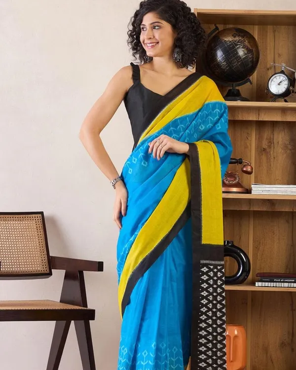 Blue_And_Yellow_Color_Mulmul_Cotton_1_-_Minute_Ready_to_Wear_Saree_with_Pocket_and_Blouse_Piece