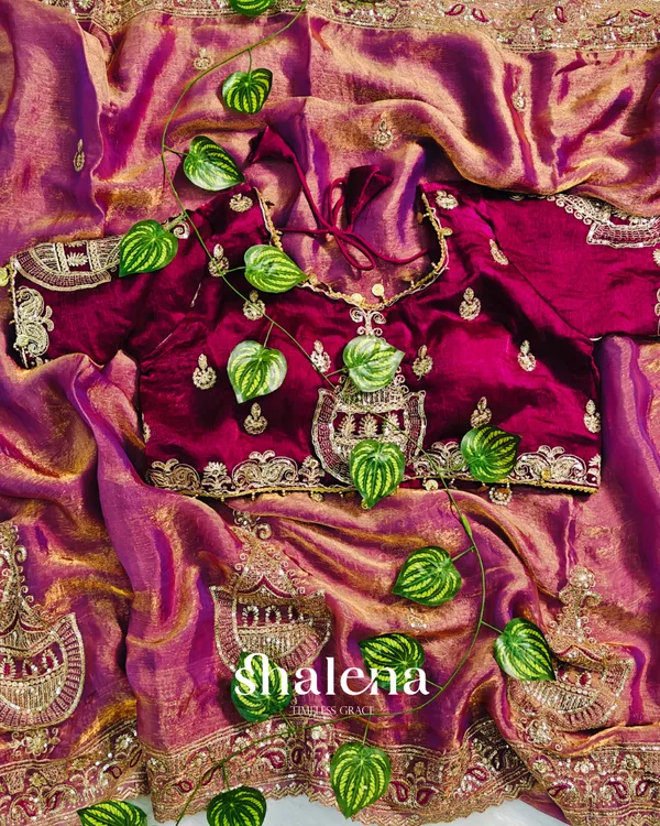 Designer_Pink_Embroidery_Work_Chiffon_Silk_Saree_With_Glittering_Full_Stitched_Blouse