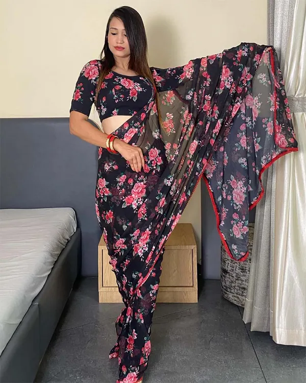 Black_Colour_1-Minute_Ready_To_Wear_Georgette_Saree_With_Blouse_Piece
