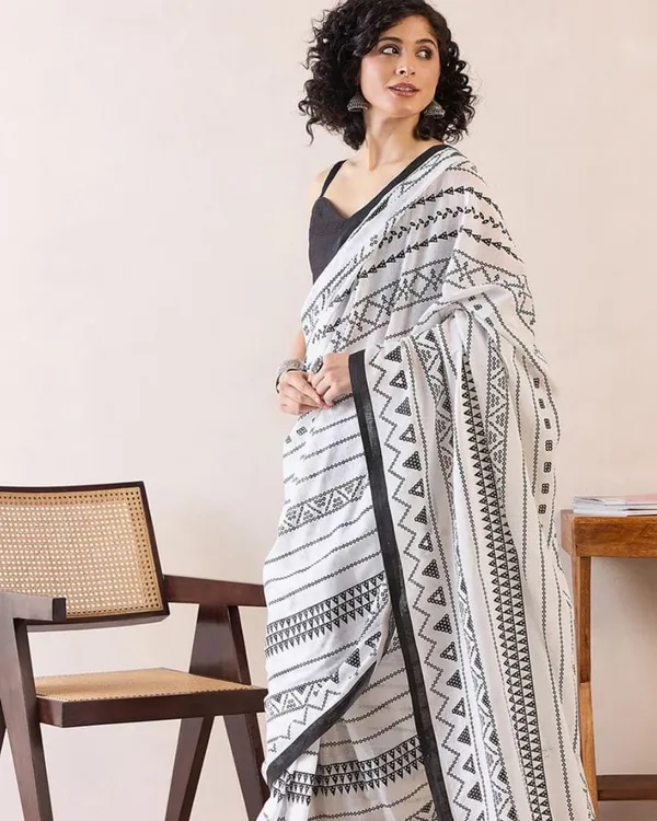 White_Color_Mulmul_Cotton_1_-_Minute_Ready_to_Wear_Saree_with_Pocket_and_Blouse_Piece