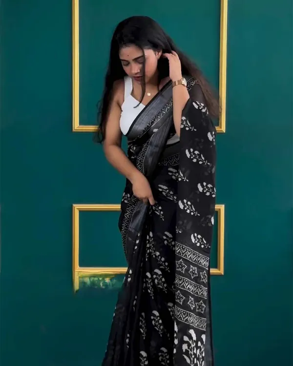 Black_Color_1-Minute_Ready_To_Wear_Cotton_Saree_With_Blouse_Piece