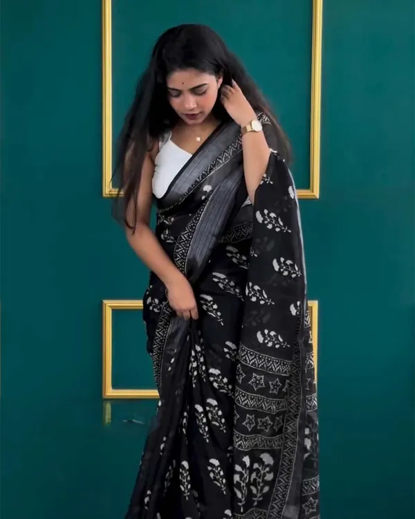 Black_Color_1-Minute_Ready_To_Wear_Cotton_Saree_With_Blouse_Piece