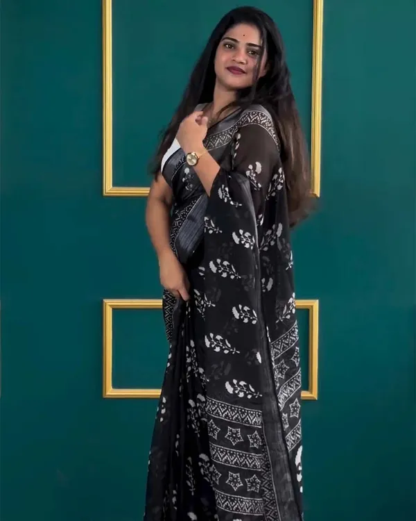 Black_Color_1-Minute_Ready_To_Wear_Cotton_Saree_With_Blouse_Piece