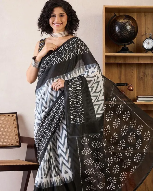 Black_And_White_Color_Mulmul_Cotton_1_-_Minute_Ready_to_Wear_Saree_with_Pocket_and_Blouse_Piece