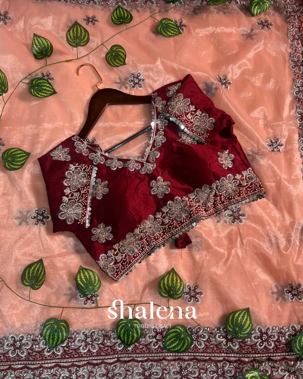 Zephyr_Peach_Organza_Silk_Saree_With_Incomparable_Full_Stitched_Blouse