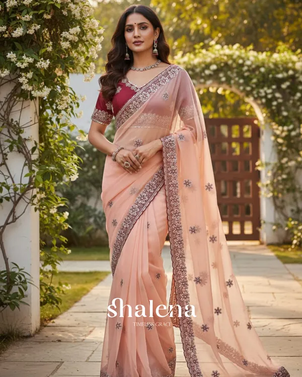 Zephyr_Peach_Organza_Silk_Saree_With_Incomparable_Full_Stitched_Blouse