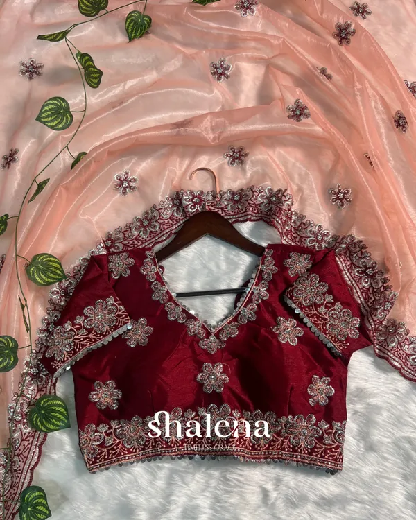 Zephyr_Peach_Organza_Silk_Saree_With_Incomparable_Full_Stitched_Blouse