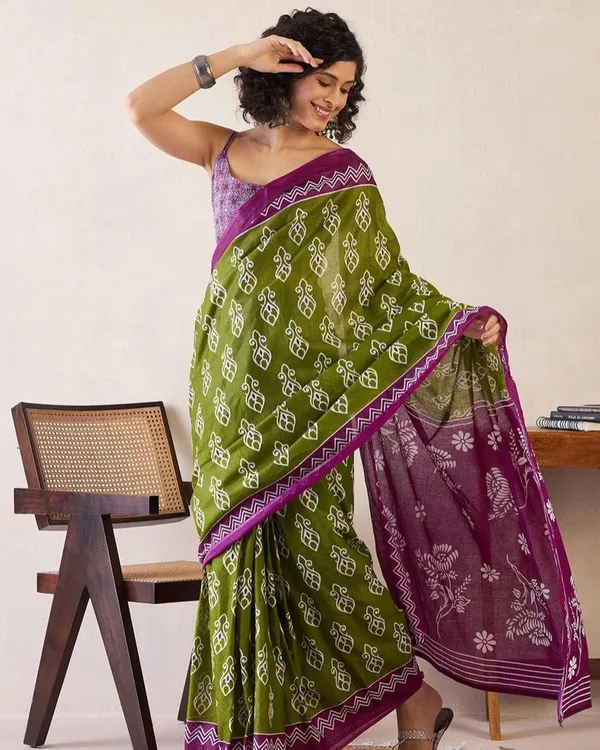 Green_And_Purple_Color_Mulmul_Cotton_1_-_Minute_Ready_to_Wear_Saree_with_Pocket_and_Blouse_Piece