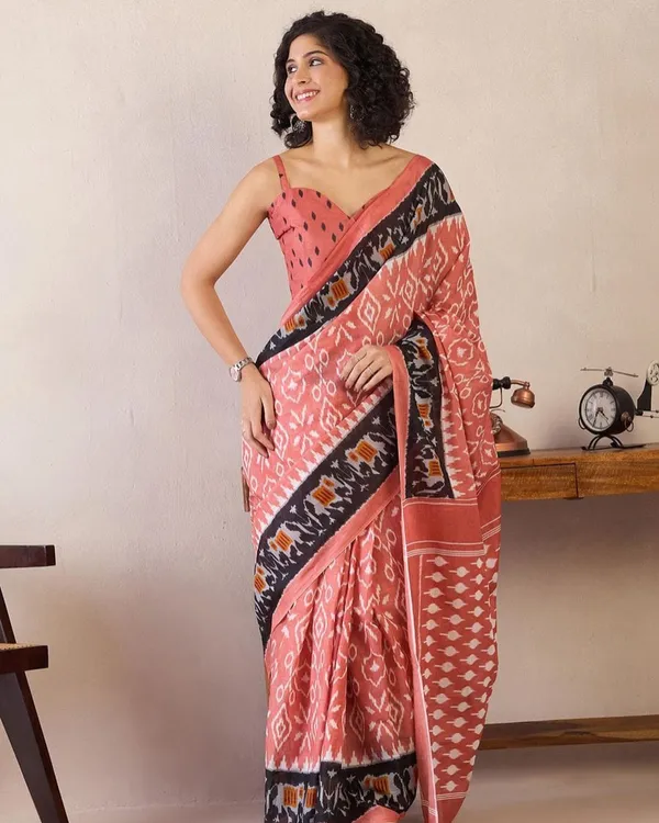 Peach_Color_Mulmul_Cotton_1_-_Minute_Ready_to_Wear_Saree_with_Pocket_and_Blouse_Piece