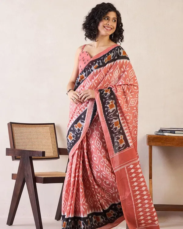 Peach_Color_Mulmul_Cotton_1_-_Minute_Ready_to_Wear_Saree_with_Pocket_and_Blouse_Piece