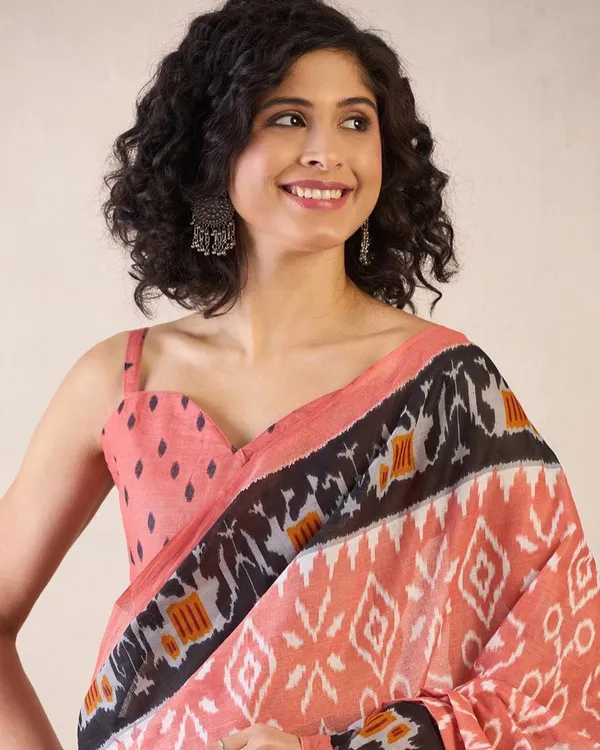 Peach_Color_Mulmul_Cotton_1_-_Minute_Ready_to_Wear_Saree_with_Pocket_and_Blouse_Piece