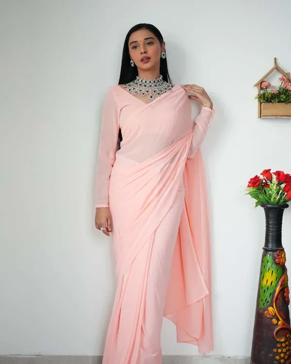 Peach_Color_1-Minute_Ready_To_Wear_Georgette_Saree_With_Blouse_Piece